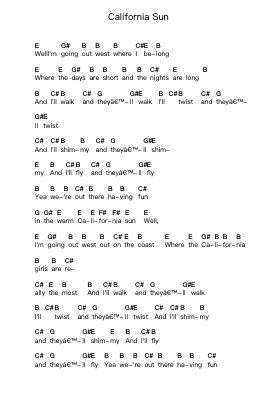 California Sun Piano letter notes by Ramones - Arr.Tayhal Lynchyale