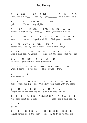Bad Penny Piano letter notes by Rory Gallagher - Arr.Gedodd