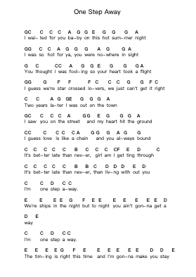 One Step Away Piano letter notes by Ratt - Arr.Montor