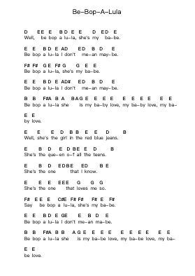 Be-Bop-A-Lula Piano letter notes by Gene Vincent - Arr.Gwensen