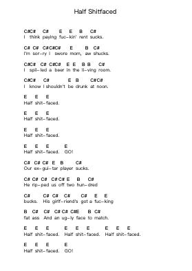 Half Shitfaced Ноты для пиано в буквенном формате от The Queers - Arr.Lynsmith Yetburne