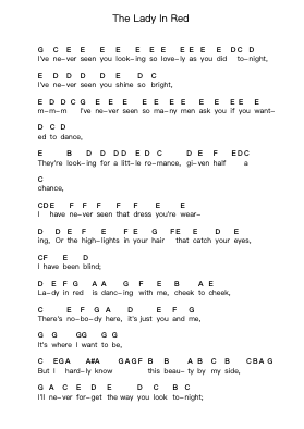 The Lady In Red Piano letter notes by Chris de Burgh - Arr.Moulboyce