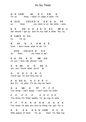Im So Tired Piano letter notes by The Beatles - Arr.Rhysgel Dilcooke