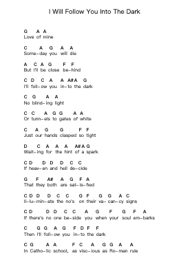 I Will Follow You Into The Dark Piano letter notes by Death Cab for Cutie - Arr.Duntrick