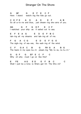 Stranger On The Shore Piano letter notes by Mr Acker Bilk - Arr.Borglass