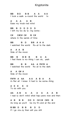 Kryptonite Piano letter notes by 3 Doors Down - Arr.Joannes Nohan