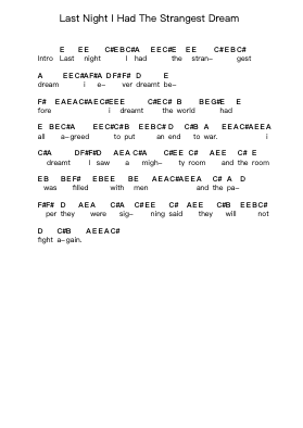 Last Night I Had The Strangest Dream Piano letter notes by Graeme Allwright - Arr.Serles