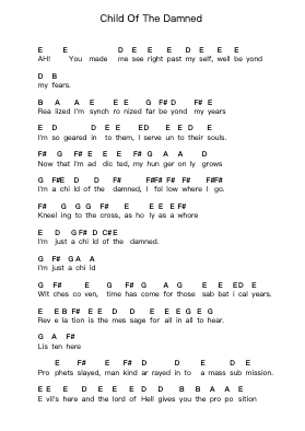 Child Of The Damned Piano letter notes by Warlord - Arr.Asfunk Philbrey