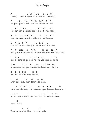 Tres Anys Piano letter notes by Projecte Atzucac - Arr.Louann Bonpe