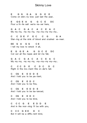 Skinny Love Piano letter notes by Birdy - Arr.Ellyle Hunrhys