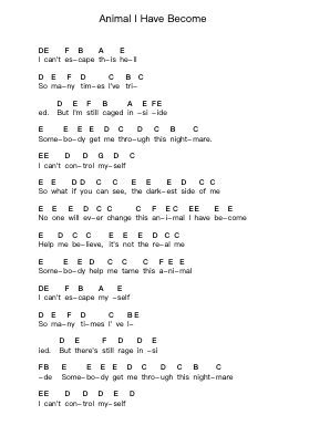 Animal I Have Become ピアノの音符 by Three Days Grace - Arr.Copharine