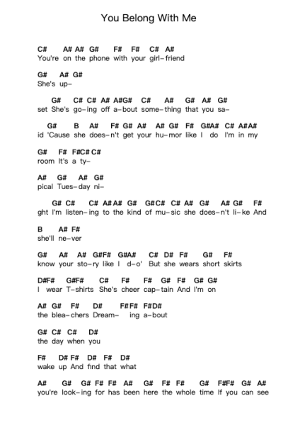 You Belong With Me Piano letter notes by Taylor Swift - Arr.O'Cakeats Leofunk