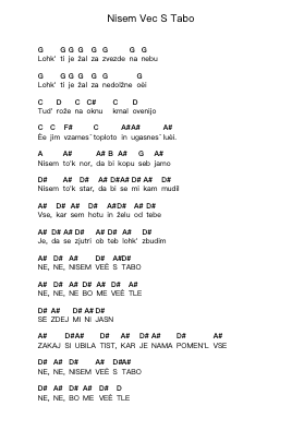 Nisem Vec S Tabo Piano letter notes by Big Foot Mama - Arr.Sumia