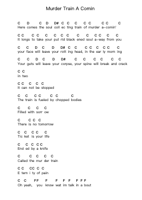 Murder Train A Comin Piano letter notes by Dethklok - Arr.Clachel Cliffgray