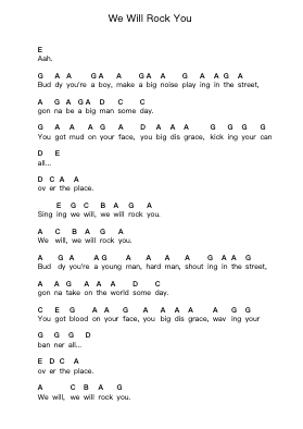 We Will Rock You Klavierbuchstaben-Noten von Queen - Arr.Barlo Osford