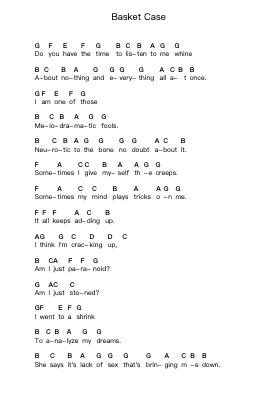 Basket Case Piano letter notes by Green Day - Arr.Longbohm