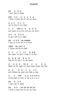 Overkill Klavierbuchstaben-Noten von Men at Work - Arr.Mccan