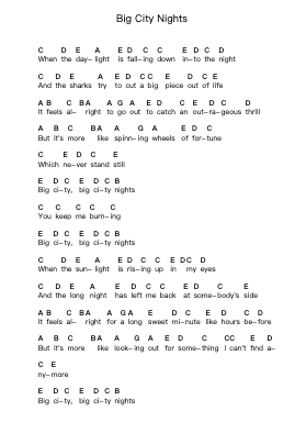 Big City Nights Piano letter notes by Scorpions - Arr.Pearroe