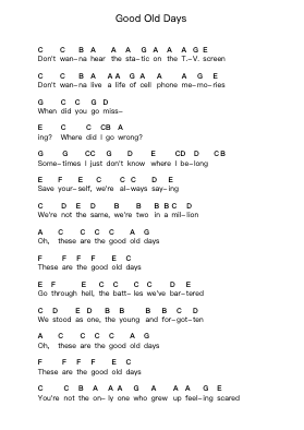 Good Old Days Piano letter notes by Blink-182 - Arr.Thompze