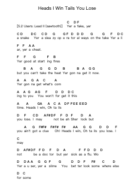 Heads I Win Tails You Lose Piano letter notes by Ratt - Arr.Kelins Woothe