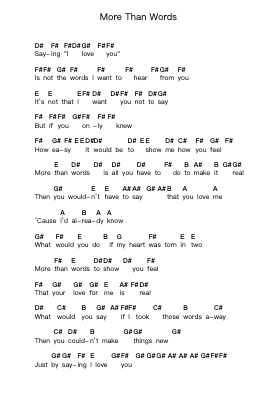 More Than Words Piano letter notes by Extreme - Arr.Lynsmith Yetburne