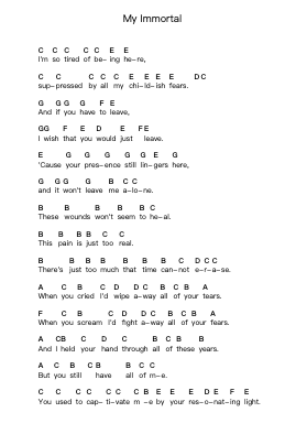 My Immortal Piano letter notes by Evanescence - Arr.Paulholmes