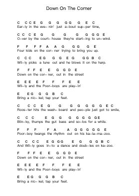 Down On The Corner Piano letter notes by Creedence Clearwater Revival - Arr.Temky Pisoll
