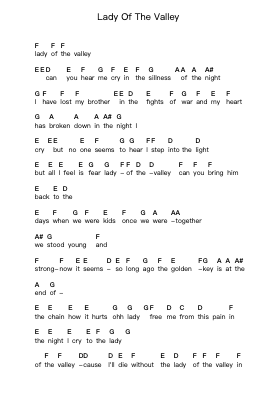Lady Of The Valley Piano letter notes by White Lion - Arr.Hawat
