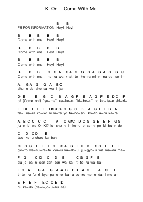 K-On - Come With Me Piano letter notes by Misc Cartoons - Arr.Janron