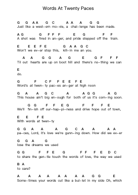Words At Twenty Paces Piano letter notes by Alabama - Arr.Polwer Sharpger