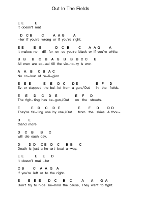 Out In The Fields Piano letter notes by Gary Moore - Arr.Babmia