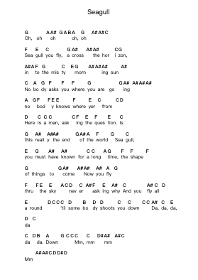 Seagull Piano letter notes by Bad Company - Arr.Herloyd