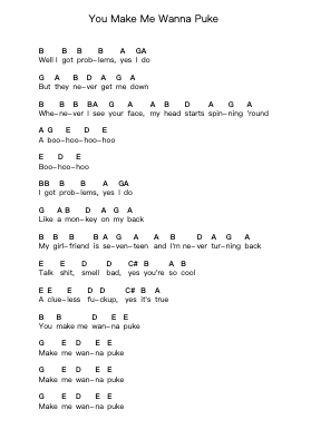 You Make Me Wanna Puke Piano letter notes by The Queers - Arr.Jofield