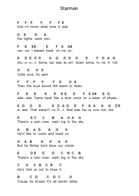Starman Piano letter notes by David Bowie - Arr.Walshfox