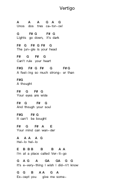 Vertigo Piano letter notes by U2 - Arr.Hillian