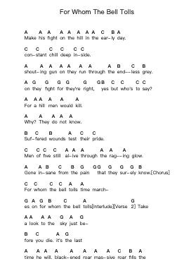 For Whom The Bell Tolls Piano letter notes by Metallica - Arr.Chloemen O'Cazie