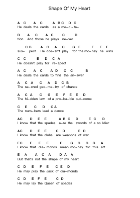 Shape Of My Heart Piano letter notes by Sting - Arr.Grotecar Francesgus