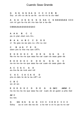 Cuando Seas Grande Piano letter notes by Miguel Mateos - Arr.Saslaide Wattvic
