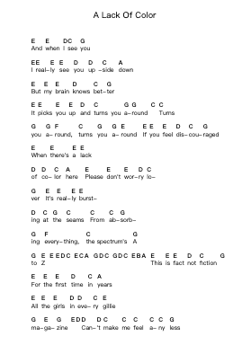 A Lack Of Color Piano letter notes by Death Cab for Cutie - Arr.Betle