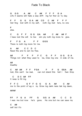 Fade To Black Piano letter notes by Metallica - Arr.Oisenrob Clyger