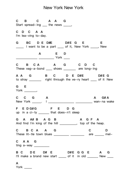 New York New York Piano letter notes by Frank Sinatra - Arr.Moulboyce