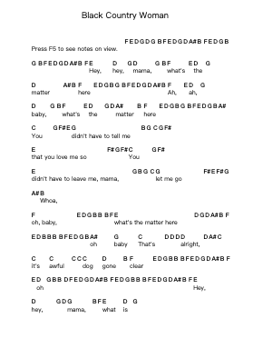 Black Country Woman Piano letter notes by Led Zeppelin - Arr.Joshgins Widred