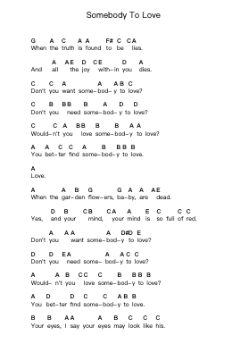 Somebody To Love โน้ตตัวอักษรเปียโนโดย Jefferson Airplane - Arr.Dwighthart Mickrold