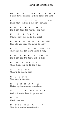 Land Of Confusion Piano letter notes by Genesis - Arr.Brobraith Zeyer