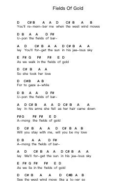 Fields Of Gold Piano letter notes by Sting - Arr.Wooraine Fintis