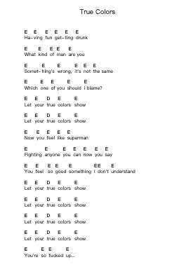True Colors Piano letter notes by Cause for Alarm - Arr.Bucktus