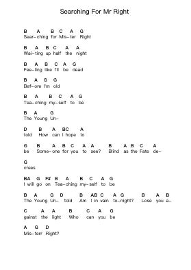 Searching For Mr Right Piano letter notes by Young Marble Giants - Arr.Franling Godrwood