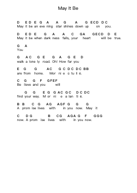 May It Be Piano letter notes by Enya - Arr.Swinthea