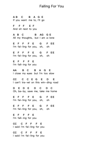 Falling For You Piano letter notes by BoyWithUke - Arr.Brookjoel
