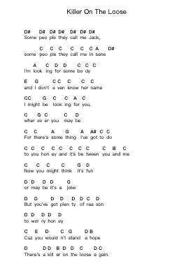 Killer On The Loose Piano letter notes by Thin Lizzy - Arr.Tifdike Mupont